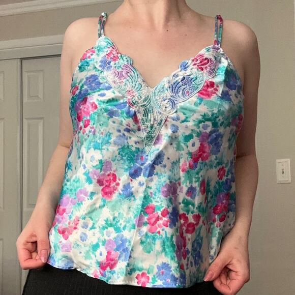 Cinema Etoile Vintage Satin Tank Top French Cut Blue Floral Lace Embroidered - Picture 3 of 11